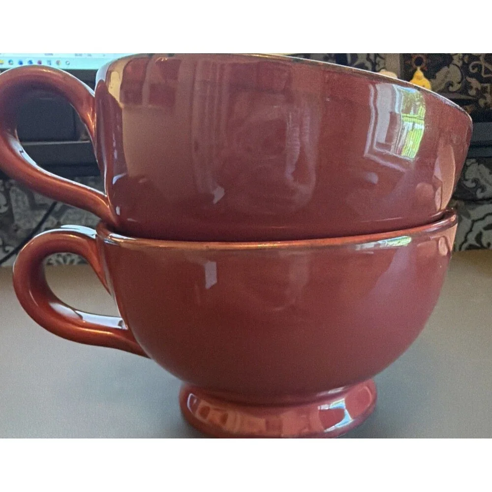 Pier 1 Toscana Hand Painted Earthenware Burgundy Oversized Mug Soup Set 2 RARE